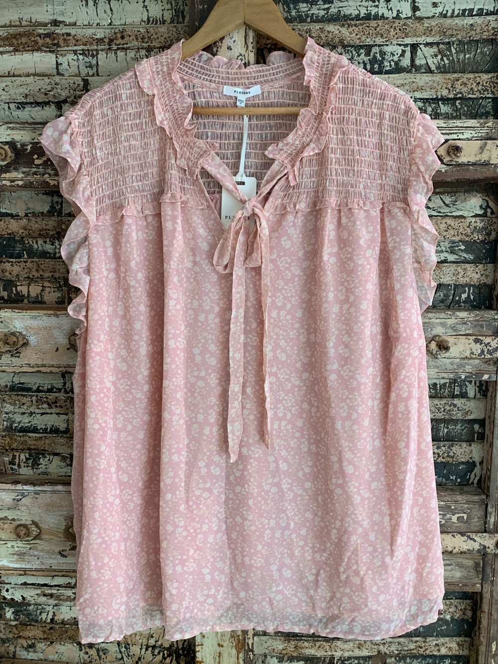 Pleione Anthropologie Pink Floral Smocked Ruffle Tie-Front Blouse, NWT, Plus, 3X